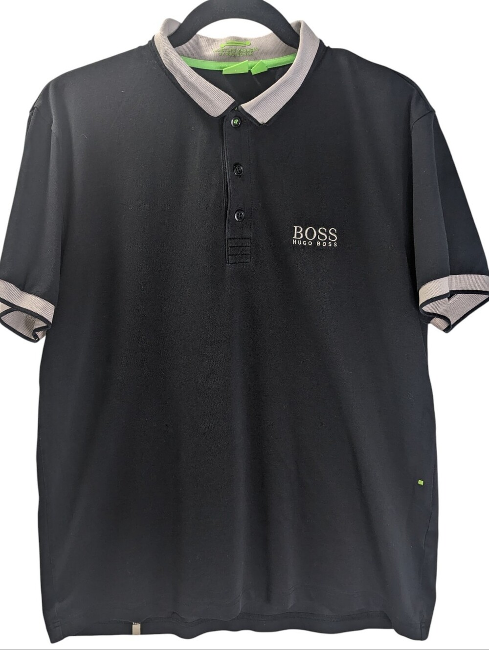 Hugo Boss Black Polo with Taupe Trim Slim Fit Golf Tennis Size L Small Flaw